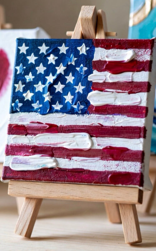 American Flag Mini Masterpiece original 4x4 painting displayed on a miniature easel


