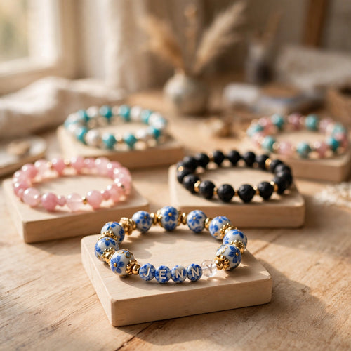 Four beaded stretch bracelets displayed on small wooden blocks on a rustic wooden table. The bracelets include pink, turquoise, black, and blue-and-white patterned beads with gold-toned spacers and a personalized bracelet 